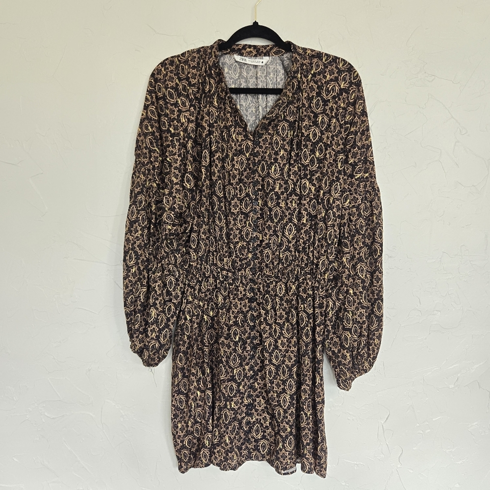 Zara Button Front Patterned Gold Black Dress, M - image 2
